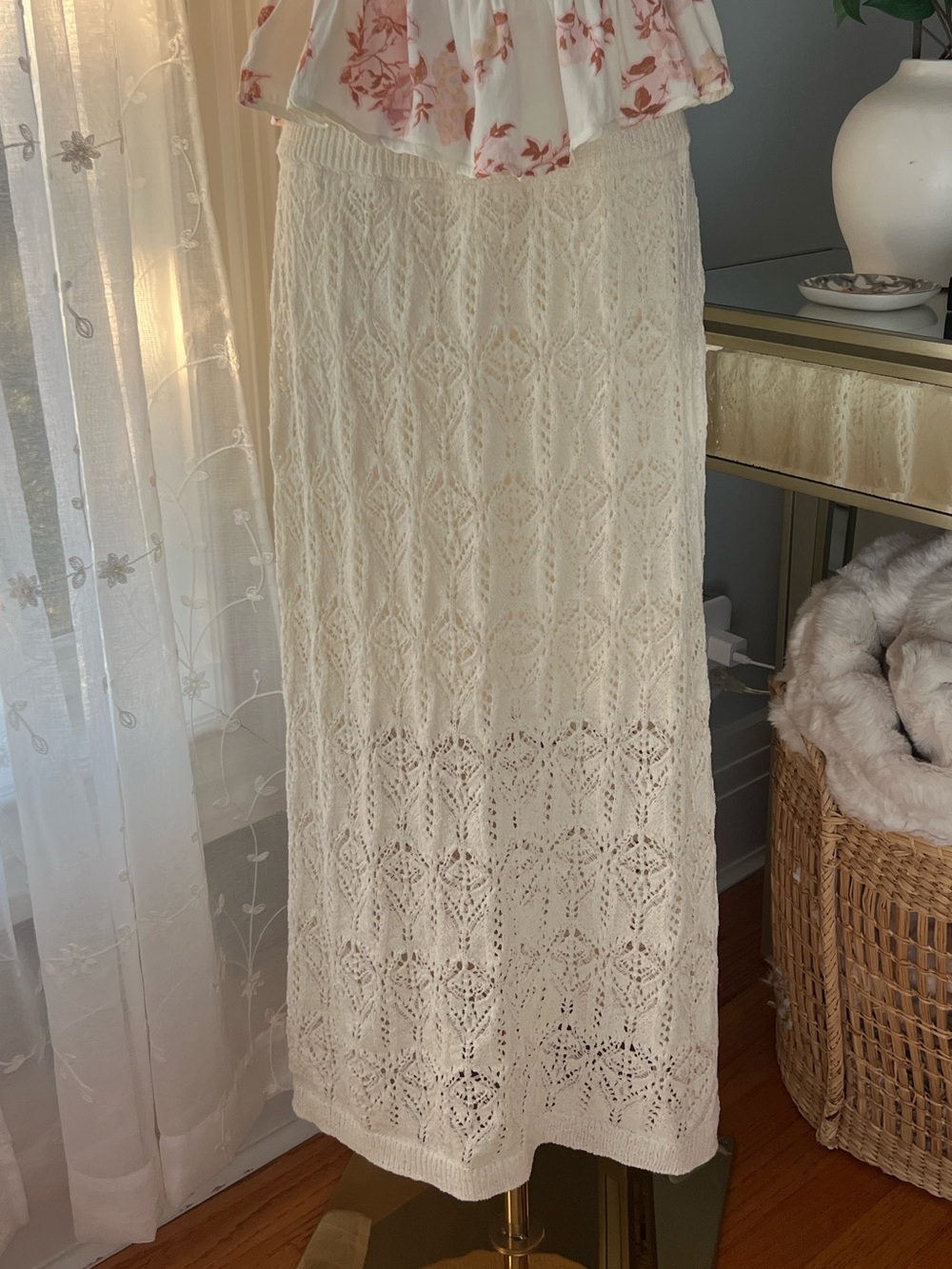 Cream Knit Crochet Style Pointelle Maxi Skirt